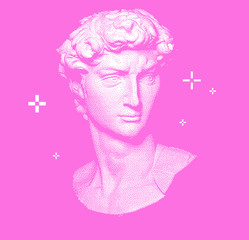 Poster - Vector pixel art ilustration with Michelangelo's David bust. Vaporwave and retrowave style, postmodern aesthetics with Renaissance antique Greek sculpture.