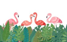 Flamingo In Tropical Paradise Banner Horizontal Border Frame Template, Vector Illustration. Decorated With Jungle Palm Tree Monstera Green Leaves And Pink Flamingo Birds. Text Placeholder.