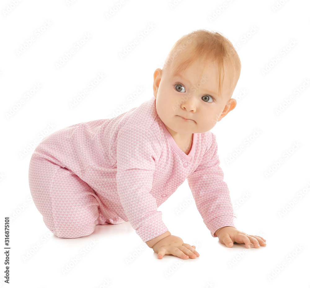 Portrait of cute baby on white background