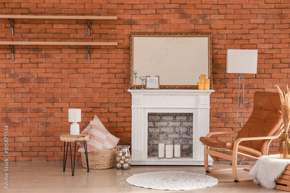 Interior of modern room with fireplace and Christmas decor