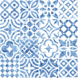 Seamless moroccan pattern. Square vintage tile. Blue and white watercolor ornament painted with paint on paper. Handmade. Print for textiles. Seth grunge texture.