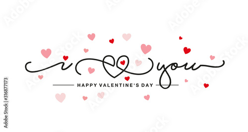 Cuadros en Lienzo I love You handwritten typography line design heart pink red hearts Happy Valent