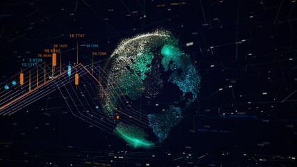 Poster - Business and stock market concept, silhouette of the Earth planet surrounded by numbers and diagrams. Animation. Abstract business news background.