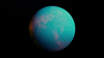 Poster - 3D beautiful planet rotating surrounded by endless dark space. Animation. Colorful spinning unknown planet isolated on black background, seamless loop.
