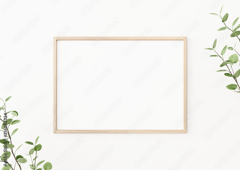 Interior poster mockup with horizontal wooden frame on empty white wall ...