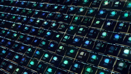 Poster - Abstract futuristic electronic background with flowing micro chips, seamless loop. Animation. Element of artificial intelligence, matrix background with digits.
