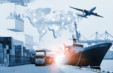 The world logistics  background or transportation Industry or shipping business, Container Cargo  shipment , truck delivery, airplane , import export Concept