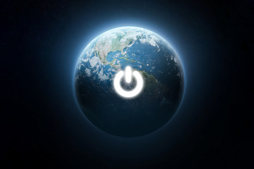 Fototapete - Planet Earth and electrical power button. Earth day and hour event. Ecology. Elements of this image furnished by NASA