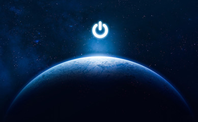 Planet Earth and electric power button. Earth hour event. Ecology. Elements of this image furnished by NASA