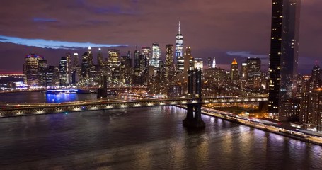 Fototapete - New York City downtown buildings skyline aerial evening sunset Manhattan and Brooklyn Bridge timelapse hyperlapse