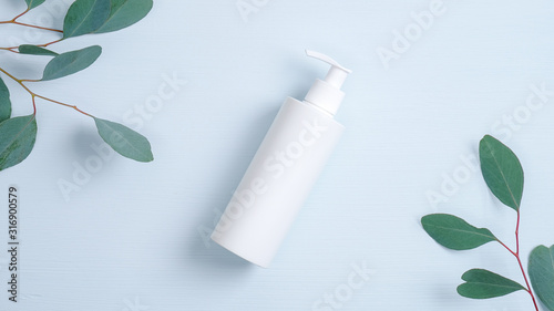Download Pump Plastic Bottle For Intimate Gel Dispenser Or Liquid Soap On Blue Background With Green Eucalyptus Leaves Intimate Hygiene Cosmetics Spa Branding Mockup Flat Lay Minimalist Style Composition Stock Photo Adobe