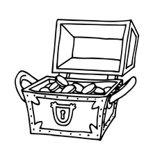 Opened Wooden Treasure Chest With Golden Coins, Pirate Trove, Symbol Of Fortune And Wealth, Vector Illustration With Black Contour Lines Isolated On A White Background In A Doodle And Hand Drawn Style