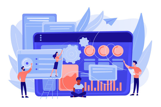 SEO specialists work on high-quality organic search traffic for websites. SEO analytics team, SEO optimization, internet promotion concept. Pinkish coral bluevector isolated illustration