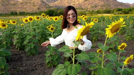 Wall Mural - slow-motion of cheerful woman enjoying with sunflower field at Kao Jeen Lae in Lopburi, Thailand