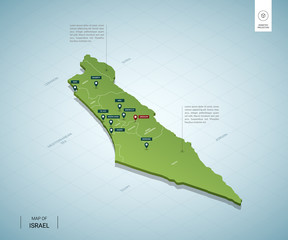 Wall Mural - stylized map of israel. isometric 3d green map with cities, borders, capital jerusalem, regions. vec
