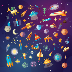 Cute cartoon space explorer, astronomy science and UFO vector set. Lunar rover, planets, rockets, space objects and aliens on cosmos background. Space explorer collection for kids