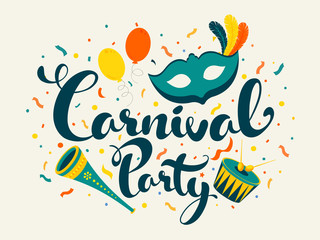 Wall Mural - Carnival Party Font with Mask, Balloons, Music Instruments and Confetti Decorated on White Background.