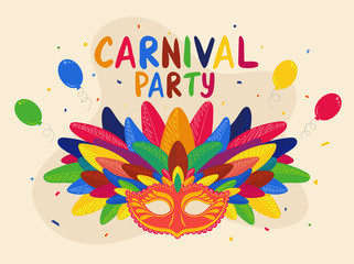 Sticker - Colorful Carnival Party Text with Mask with Feathers and Balloons Decorated Background.