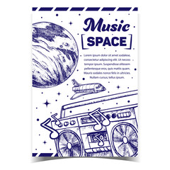 Sticker - Space Music Record Player Advertise Banner Vector. Planet Solar System, Cosmic Shuttle, Stars And Music Device. Sound Equipment And Galaxy Body Hand Drawn In Vintage Style Monochrome Illustration