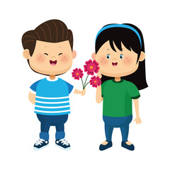 Sticker - happy boy giving flowers a girl, colorful design