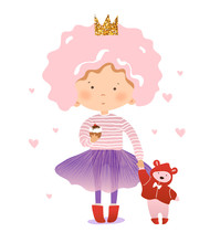 Funny Little Princess With A Teddy Bear And A Cupcake. The Girl In The Crown And Tutu Walks With A Toy And Eats A Cake. Flat Cartoon Vector Illustration