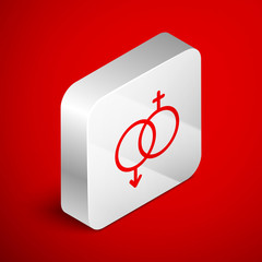 Isometric line Gender icon isolated on red background. Symbols of men and women. Sex symbol. Valentines day concept. Silver square button. Vector Illustration