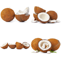 Sticker - Collage of broken coconut pieces isolated on white background