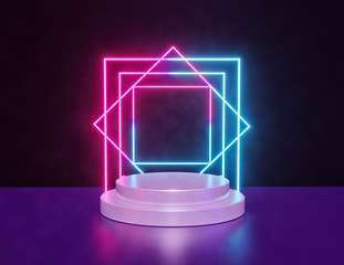 Poster - blank stage podium with Glowing neon lights, abstract background. technology concept, laser show. 3d rendering