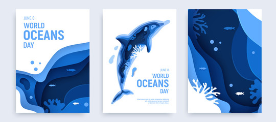 Paper art world ocean day banner set with dolphin silhouette. Underwater world page layout. Paper cut sea background with dolphin, waves and coral reefs. Craft vector illustration.