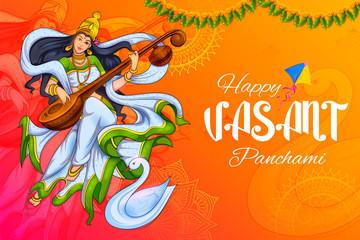 Wall Mural - illustration of Goddess of Wisdom Saraswati for Vasant Panchami India festival background