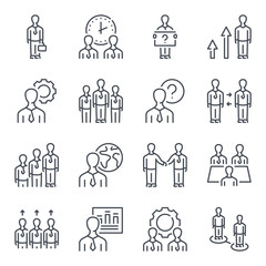 Poster - Teamwork and Business people related line icon set. Team meeting and appointment linear icons. Business management outline vector sign collection.