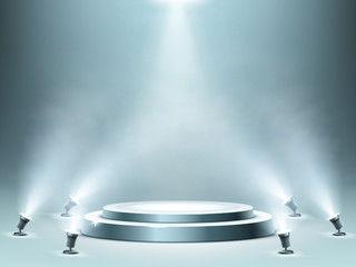 round podium with smoke effect and spotlight illumination, empty stage for award ceremony, product p