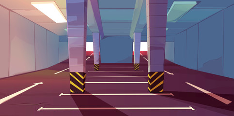 Underground car parking with vacant places and markup. Empty area for transport in building basement with columns and guiding arrows show way to exit, city infrastructure. Cartoon vector illustration