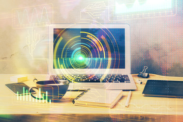 double exposure of desktop computer and technology theme hologram. concept of software development.