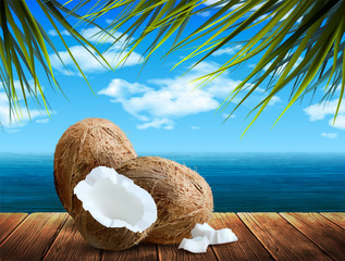 Wall Mural - Seascape with foam of the surf. In the foreground are coconuts. Highly realistic illustration.