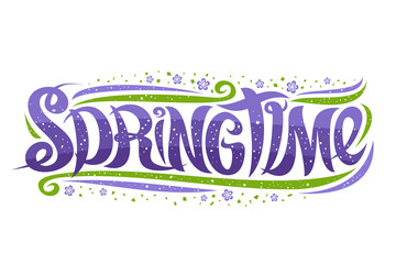 Wall Mural - Vector greeting card for Spring season, curly calligraphic font with green decorative elements, horizontal template with swirly trendy lettering for words spring time on white background.