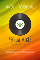 Reggae poster with vinyl disc logo, marijuana leaf and rastafarian colors background. Vector vintage emblem for music festival or reggae party