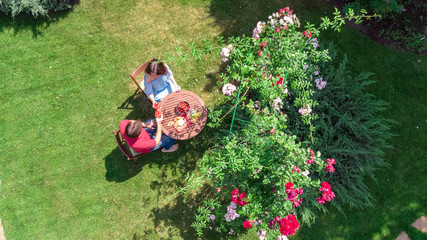 Young couple enjoying food and wine in beautiful roses garden on romantic date, aerial top view from above of man and woman eating and drinking together outdoors in park