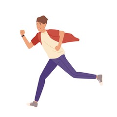 Poster - Man rushing flat vector illustration. Late young student in casual clothes isolated on white background. Worker hurrying. Male nervous cartoon character running fast design element.