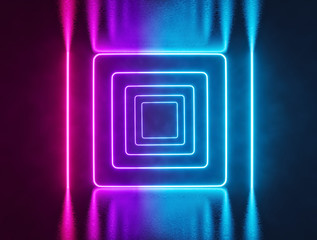 Poster - Sci Fi Futuristic Glowing pink and blue neon lights abstract background. vibrant colors. technology concept. colorful reflection. 3d rendering