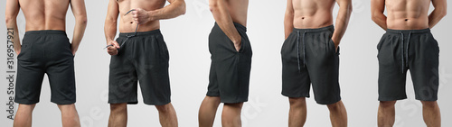 Fotomural Template of blank black shorts on a guy on an isolated background, set with front, side and back views
