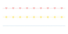 Set Of Seamless Cute Pastel Dashed Line Border. Flat Vector Illustration.