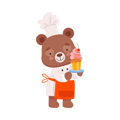 Wall Mural - Smiling Bear Character Wearing Chef Uniform Holding Cake with Whipped Cream on the Tray Vector Illustration