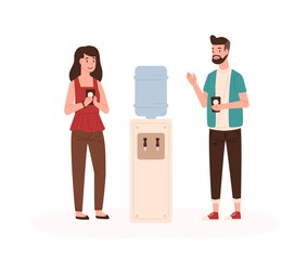 Aufkleber - Office workers chatting near water cooler flat vector illustration. Colleagues conversation. Work break, communication. Employees talking and drinking water cartoon characters isolated on white.