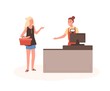 © Good Studio - Angry woman at mall checkout flat vector illustration. Female displeased customer standing in queue cartoon characters. Girl with shopping basket at cashier desk. Seller and buyer arguing.