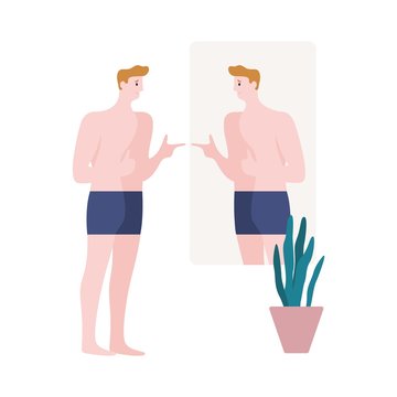 Young confident man looking in mirror flat vector illustration. Bodypositive, love yourself. Self appreciation and acceptance concept. Male cartoon character standing in underwear isolated on white.