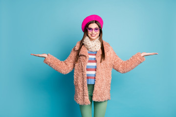 Sticker - Portrait of her she nice-looking attractive pretty lovely fashionable cheerful cheery girl holding on palms copy space isolated on bright vivid shine vibrant green blue turquoise color background