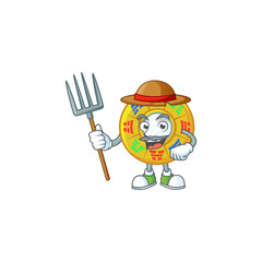 Sticker - Cute Farmer chinese circle feng shui cartoon mascot with hat and tools