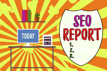 Fototapete - Handwriting text Seo Report. Conceptual photo notifying on how website is performing in search engine results Desktop computer wooden table background shelf books flower pot ornaments