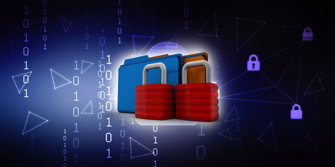 Poster - Yellow folder and lock. Data security concept. 3D rendering